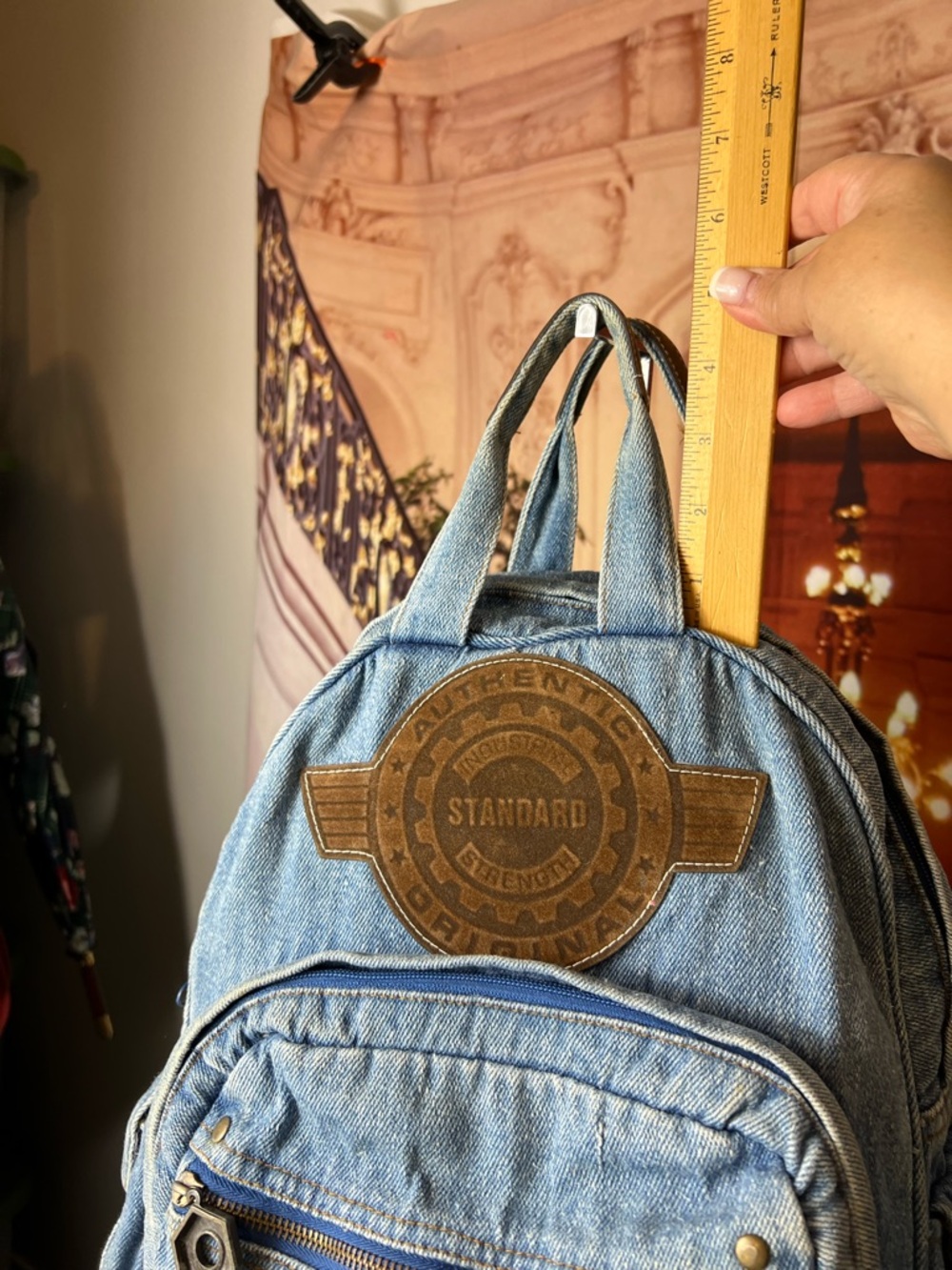 Vintage Gitano Blue Denim Backpack, top zip, front zip compartments, side pocket - Picture 14 of 15